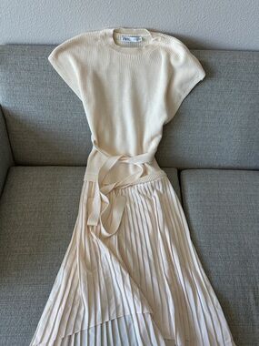 Zara Cream Knit Top with Pleated Skirt Tie-Waist Dress
